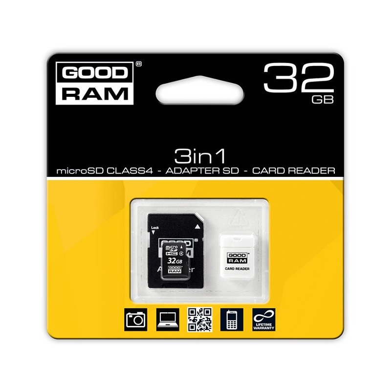 Goodram 3 in 1 -  karta pamięci micro SD / SDHC 32GB klasa 4 + adapter + czytnik