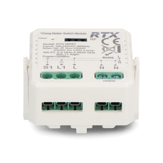 1-канальне реле для прихованого монтажу 10A - WiFi - Matter - додаток для Android/iOS - RTX MRS1