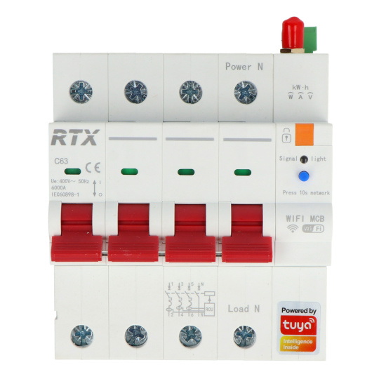 Tuya - 3-фазний WiFi запобіжник з лічильником енергії - 4P 63A - RTX WCB63-4P