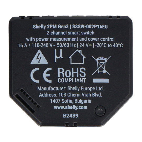 Shelly Plus 2PM Gen3 - 2-канальний релейний/контролер ролет для прихованого монтажу WiFi 230V - додаток для Android/iOS