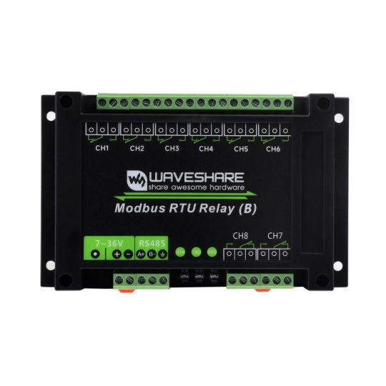 8-канальний релейний модуль з оптоізоляцією - контакти 10A/250VAC/30VDC - котушка 7V-36V - Modbus RS485 - Waveshare 25739