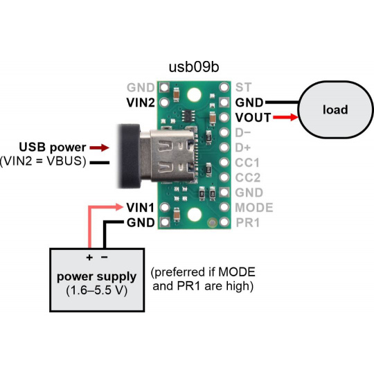 Разъем питания USB Type-C с мультиплексором TPS2116 - usb09b - Pololu 3729