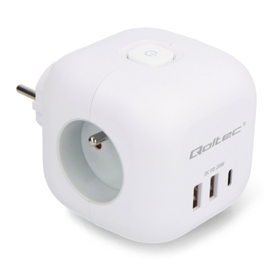 Блок питания 6-в-1 - 2 порта USB Type-A и 1 порт USB Type-C - с подсветкой переключателя - Qoltec 52548