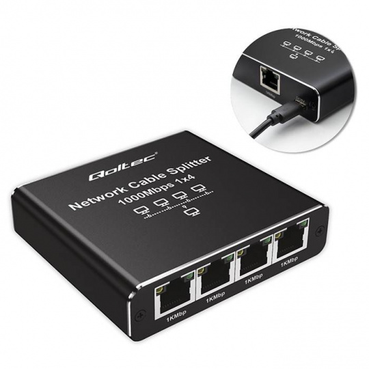 Сетевой разветвитель - мини-коммутатор Ethernet 1x4 RJ45 1000 Мбит/с - USB C - Qoltec 52293