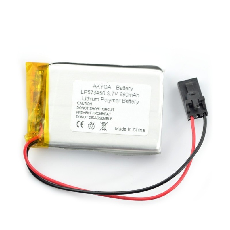 Akumulator Li-Pol Akyga 980mAh 1S 3.7V - złącze żeńskie 3-pin raster 2,54mm + taśma klejąca