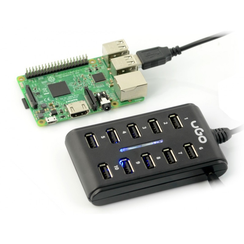 uGo UHU-1012 - aktywny HUB 10-portowy USB 2.0 z włącznikiem i zasilaczem 5V/2A dla Raspberry Pi