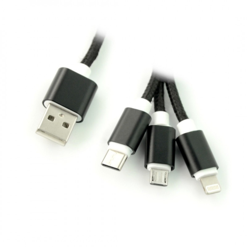 Kabel 3w1 USB typu A do micro USB, Lightning, USB typu C