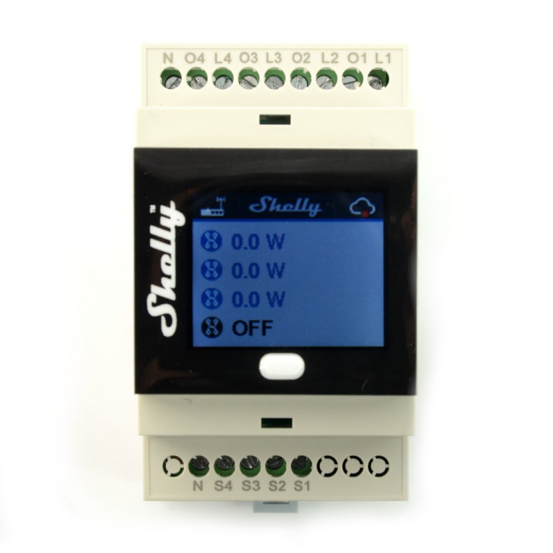 Shelly 4Pro - 4 kanałowy przekaźnik 230V WiFi z wyświetlaczem - aplikacja Android / iOS
