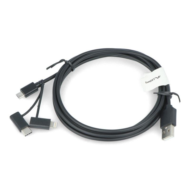 Przewód Lanberg 3w1 USB typ A - microUSB + lightning + USB typ C 2.0 czarny PVC - 1,8m