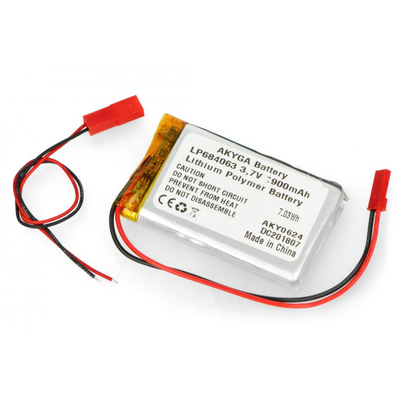 Akumulator Li-Po 3,7V/1900mAh, PCM, konektor+gniazdo 2,54 JST, 2 piny