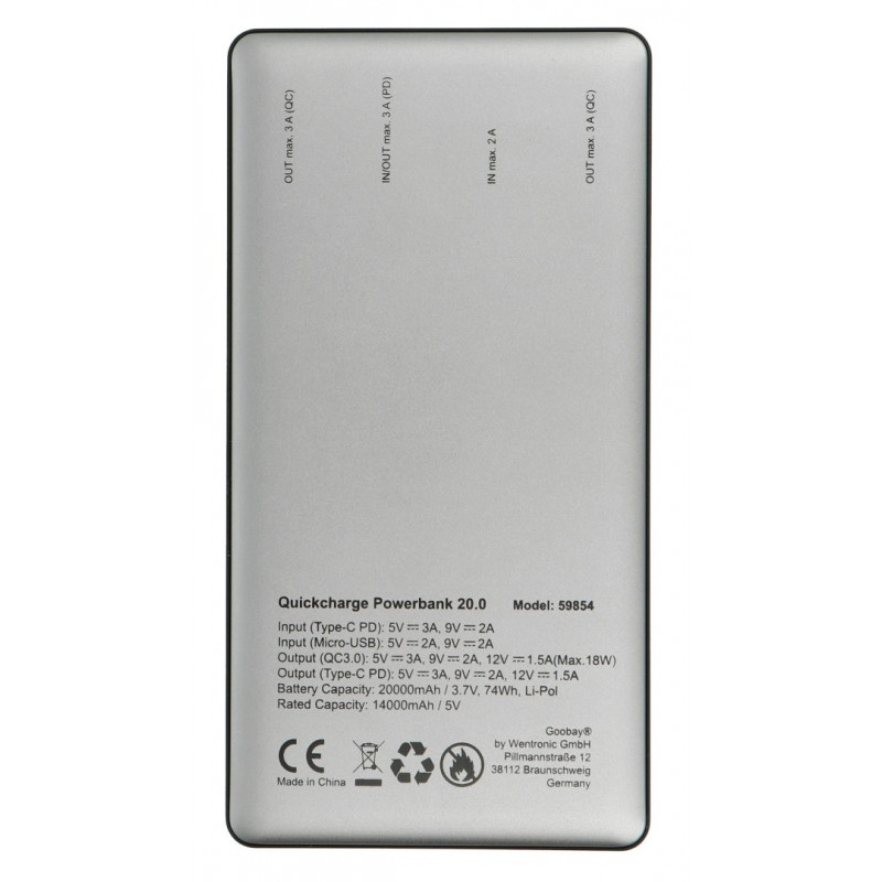 Mobilna bateria Powerbank Goobay 20.0 59854 Quick Charge 3.0 20000 mAh - szaro - czarna