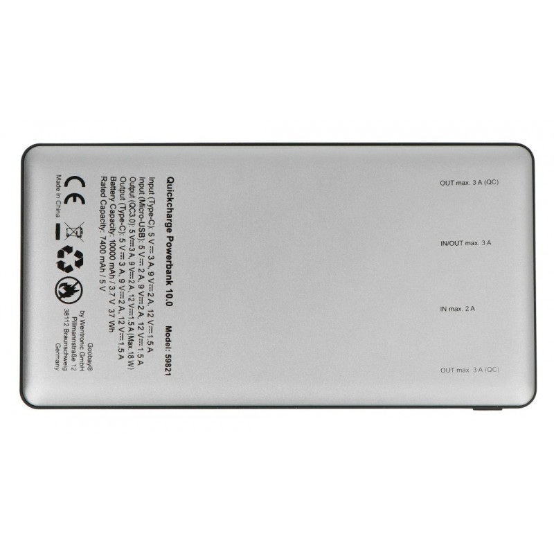 Mobilna bateria PowerBank Goobay 10.0 59821 Quick Charge 3.0 10000mAh - szaro - czarna