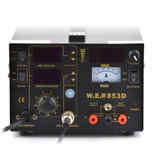 Паяльна станція 5-в-1 з термоповітряним наконечником + блок живлення 15 В/1 А WEP 853D з вентилятором у прасці