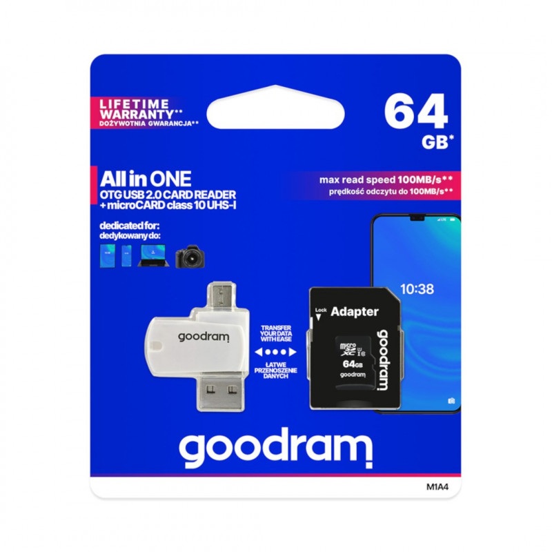 Goodram All in One -  karta pamięci micro SD / SDHC 64GB klasa 10 + adapter + czytnik OTG