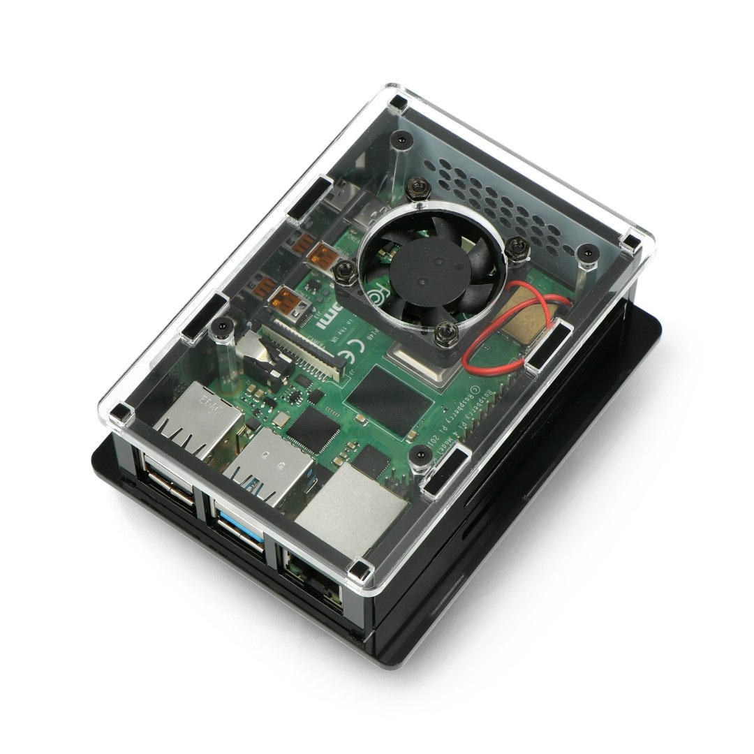 Obudowa do Raspberry Pi 4B box V2 na szynę DIN - czarno-przezroczysta + wentylator