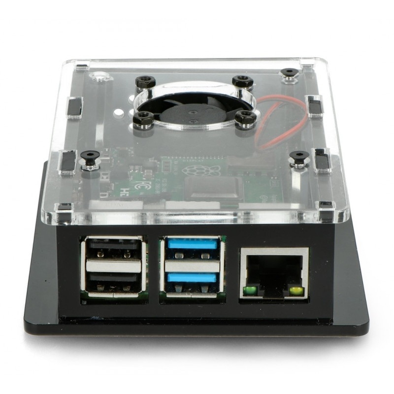 Obudowa do Raspberry Pi 4B box V2 na szynę DIN - czarno-przezroczysta + wentylator