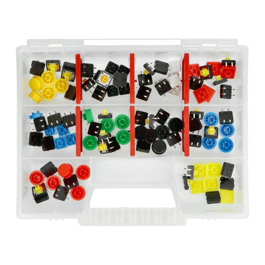 Набір тактових кнопок-перемикачів 12x12 мм, 50 шт. - кольорові ковпачки + органайзер