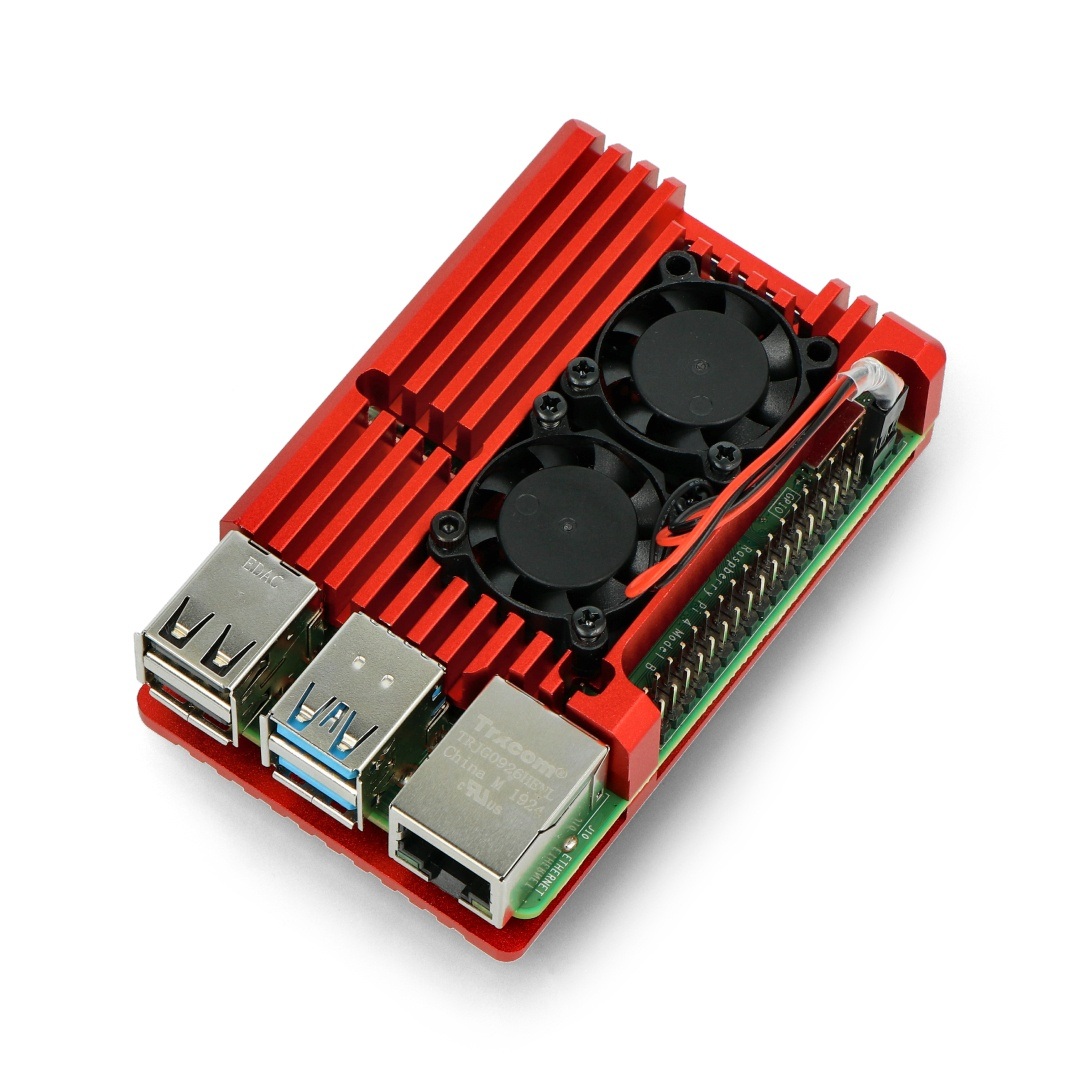 Obudowa justPi do Raspberry Pi 4B - aluminiowa z dwoma wentylatorami - czerwona