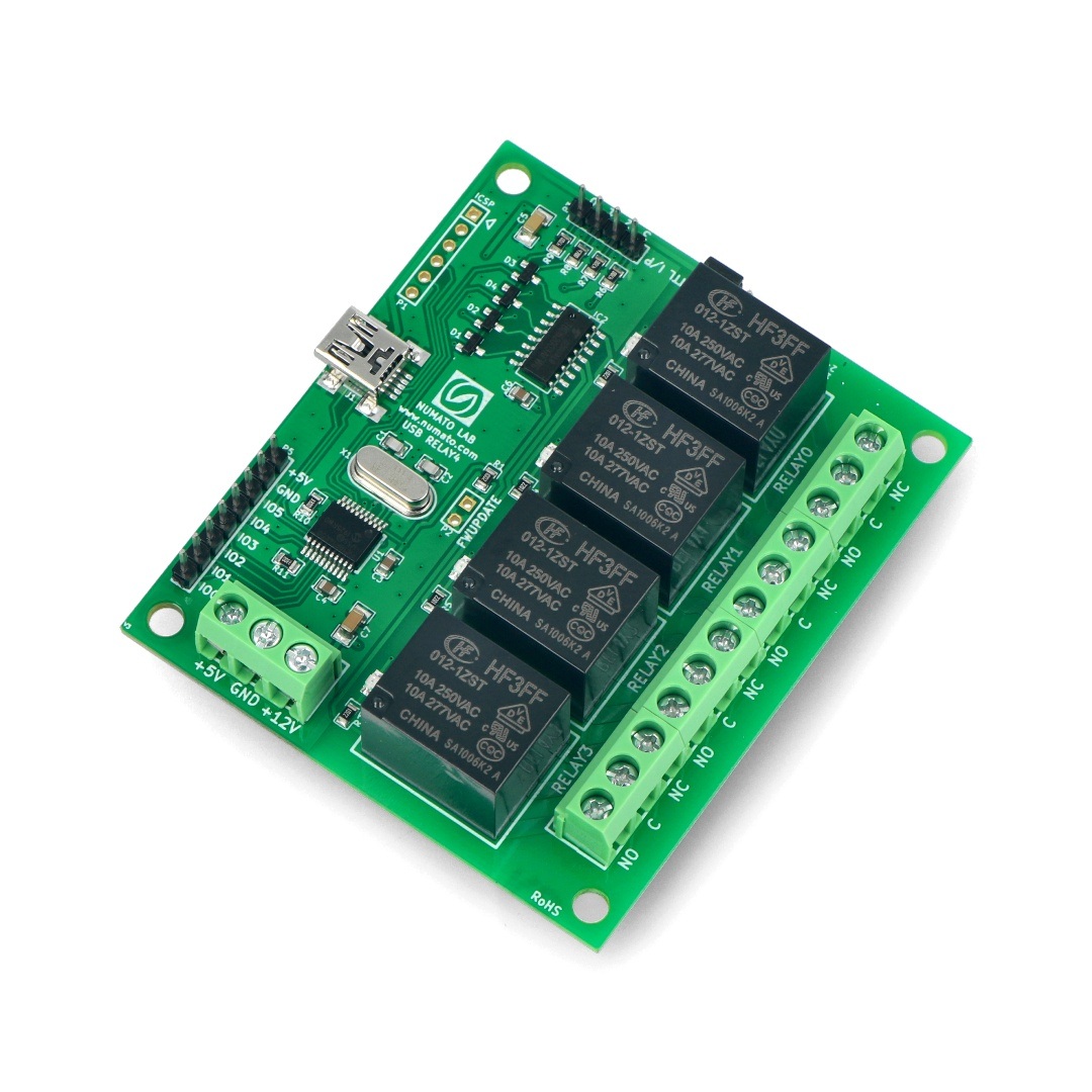 Numato Lab - 4-kanałowy moduł przekaźników 12V 7A/250VAC + 6GPIO - USB
