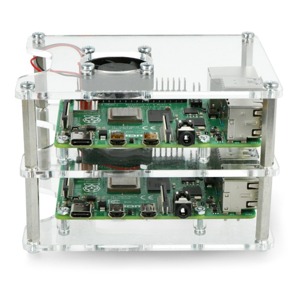 Obudowa do dwóch Raspberry Pi 4B/3B+/3B/2B - z dwoma wentylatorami - otwarta V2 przezroczysta