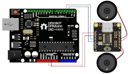 Schemat połączenia miniodtwarzacza z płytką DFRduino, będącej pochodną Arduino.
