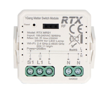 Przekaźnik 1-kanałowy dopuszkowy 10 A - WiFi - Matter - aplikacja Android / iOS - RTX MRS1