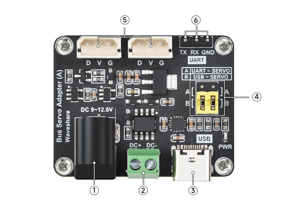 Rozmieszczenie elementów na płytce Bus Servo Adapter (A)