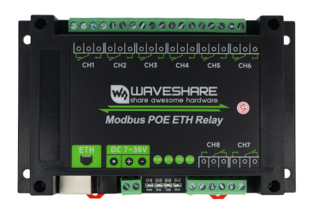 Moduł przekaźników 8 kanałów z optoizolacją - styki 10 A / 250 V AC / 30 V DC - cewka 7 V - 36 V - Modbus PoE - Waveshare 24964