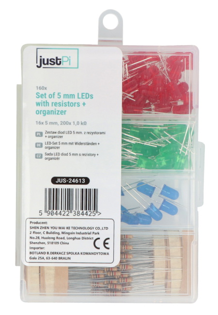 Zestaw diod LED 5 mm - justPi - 160 szt. z rezystorami + organizer